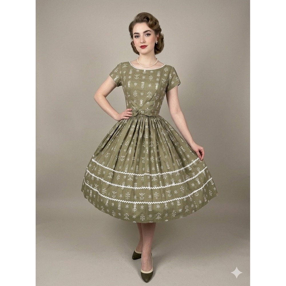 The Village Wardrobe Vintage Olive Cotton Scandinavian Folklore Print Dress